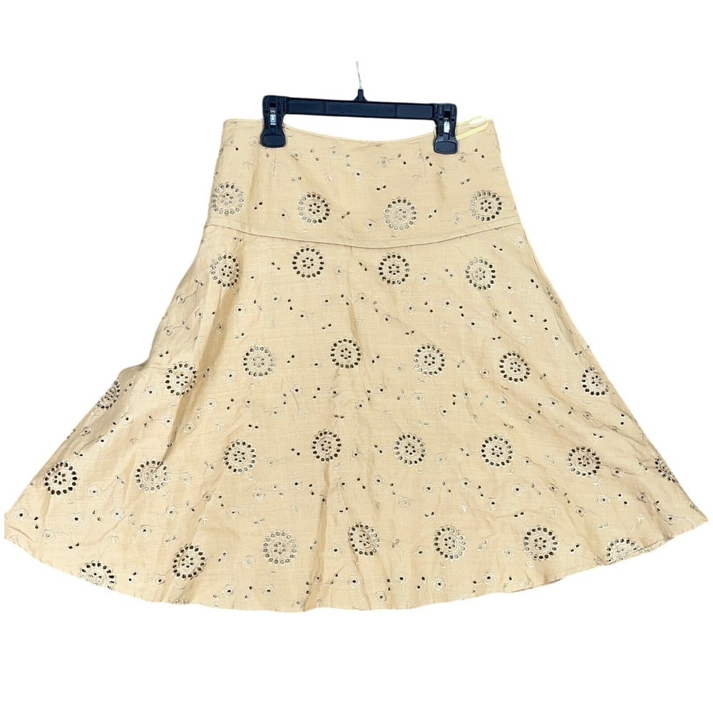 Saint Tropez‎ West Linen Eyelet A Line Skirt Neutral Midi Flare Lined 14 Womens